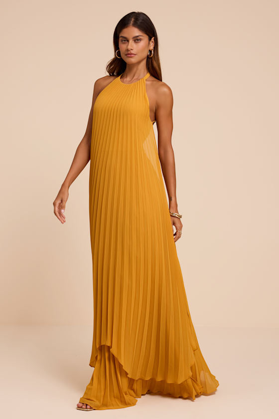 Dorala Golden Yellow Pleated Lace-Up Tiered Maxi Dress