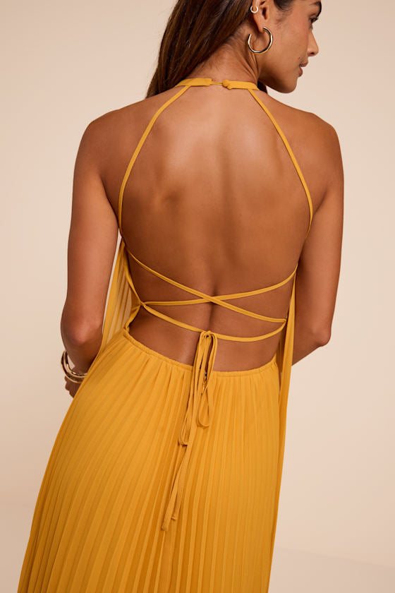 Dorala Golden Yellow Pleated Lace-Up Tiered Maxi Dress