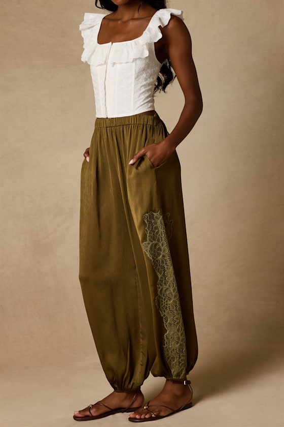 Evette Olive Green Lace High-Rise Jogger Pants