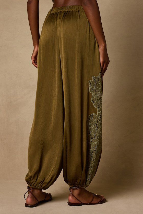 Evette Olive Green Lace High-Rise Jogger Pants