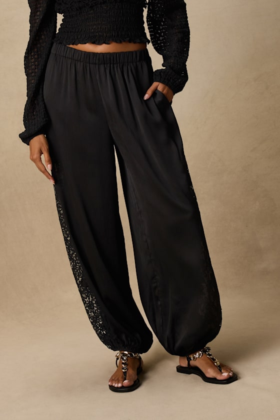 Evette Black Lace High-Rise Jogger Pants