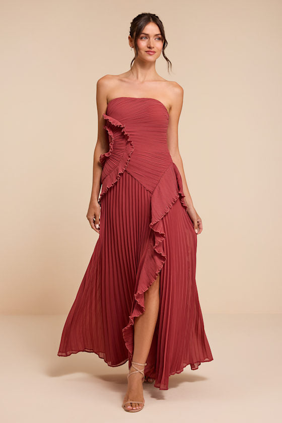 Brylee Rusty Rose Pleated Ruffled Maxi Dress