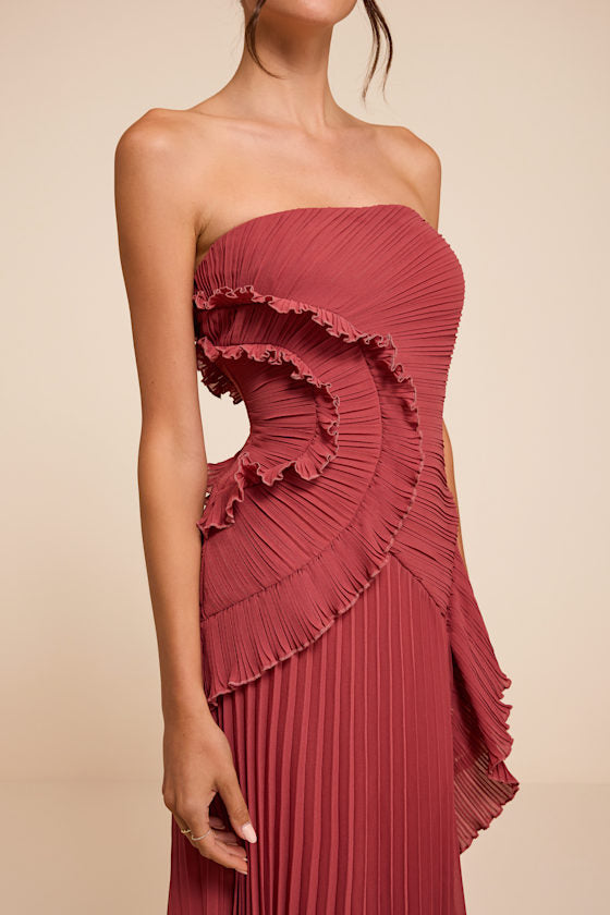 Brylee Rusty Rose Pleated Ruffled Maxi Dress