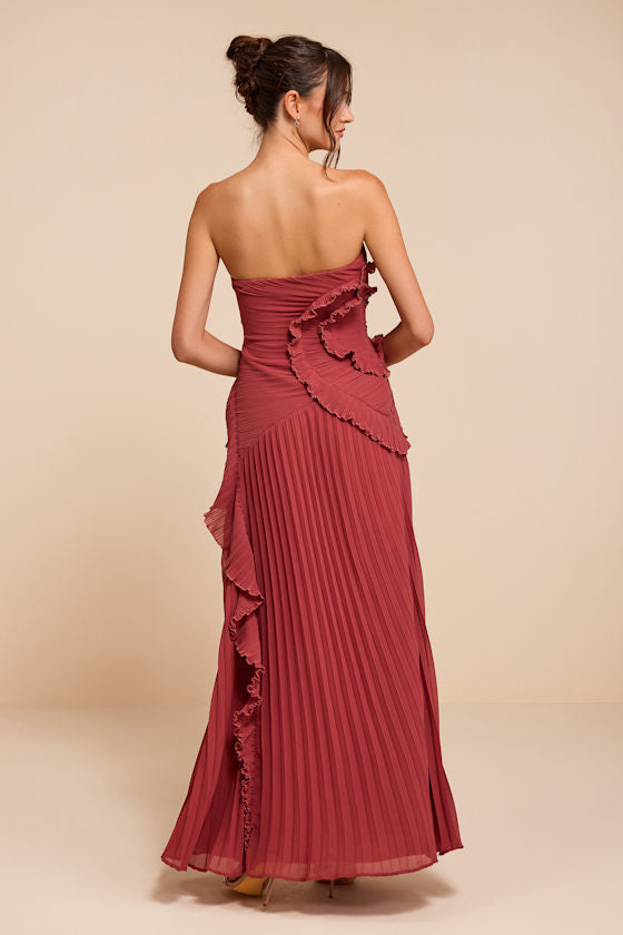 Brylee Rusty Rose Pleated Ruffled Maxi Dress
