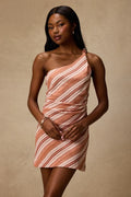 Marketta Terracotta Striped One-Shoulder Mini Dress
