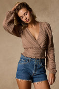 Shadia Taupe Textured Surplice Smocked Top
