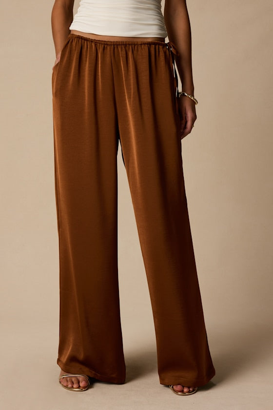 Amala Brown Satin Mid-Rise Wide-Leg Pants