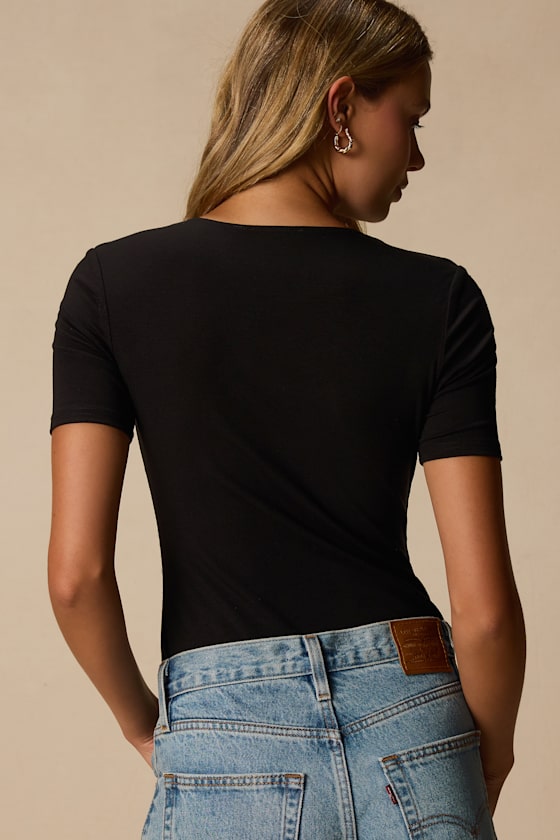Celinna Black Jersey Knit Keyhole Cutout Bodysuit