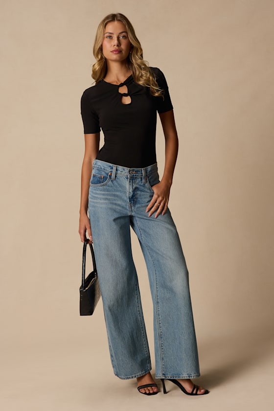 Celinna Black Jersey Knit Keyhole Cutout Bodysuit