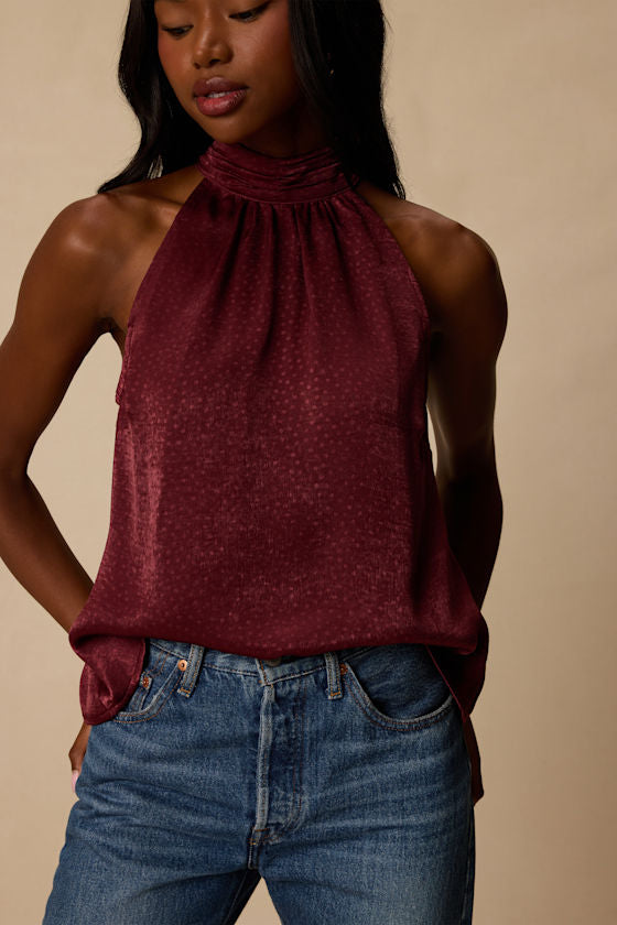 Camille Burgundy Satin Mock Neck Tank Top