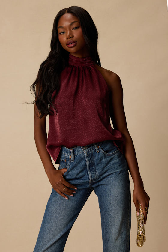 Camille Burgundy Satin Mock Neck Tank Top