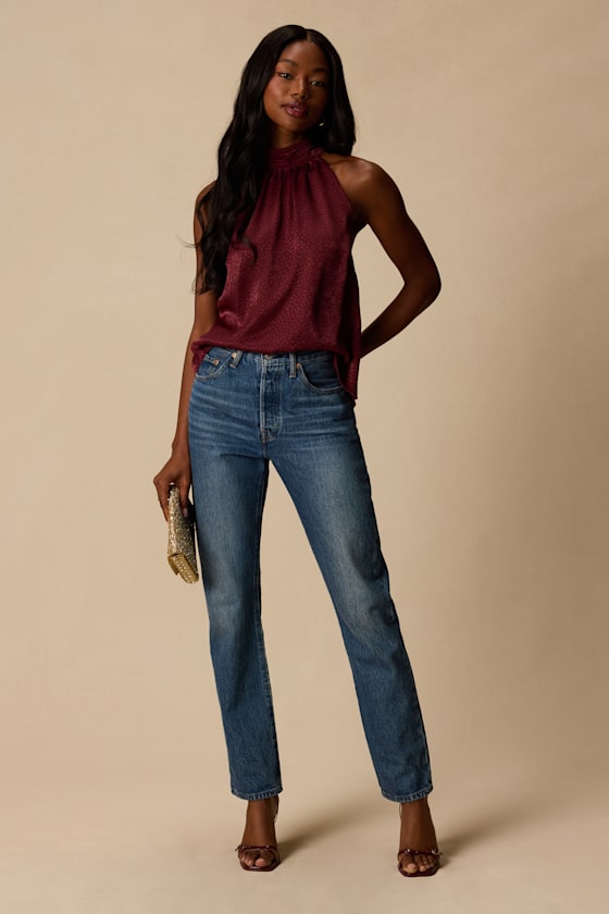 Camille Burgundy Satin Mock Neck Tank Top