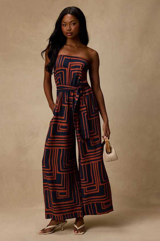 Lanora Navy Abstract Print Wide-Leg Jumpsuit