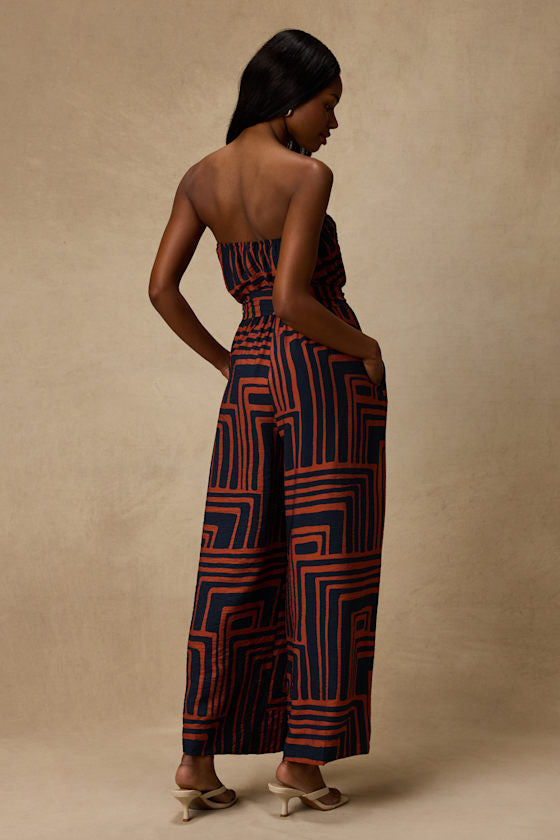 Lanora Navy Abstract Print Wide-Leg Jumpsuit