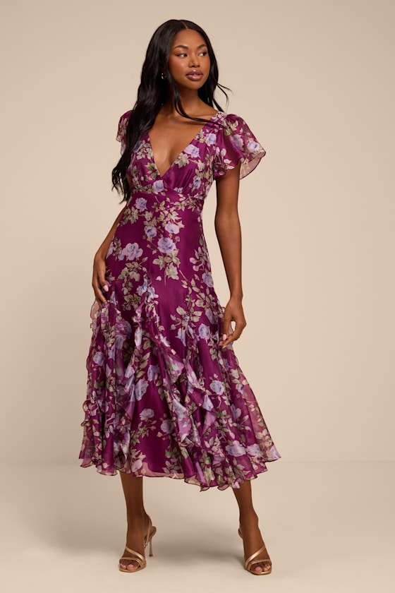 Deluca Plum Floral Ruffled Midi Dress