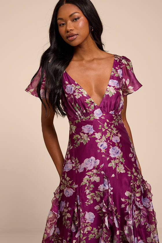 Deluca Plum Floral Ruffled Midi Dress
