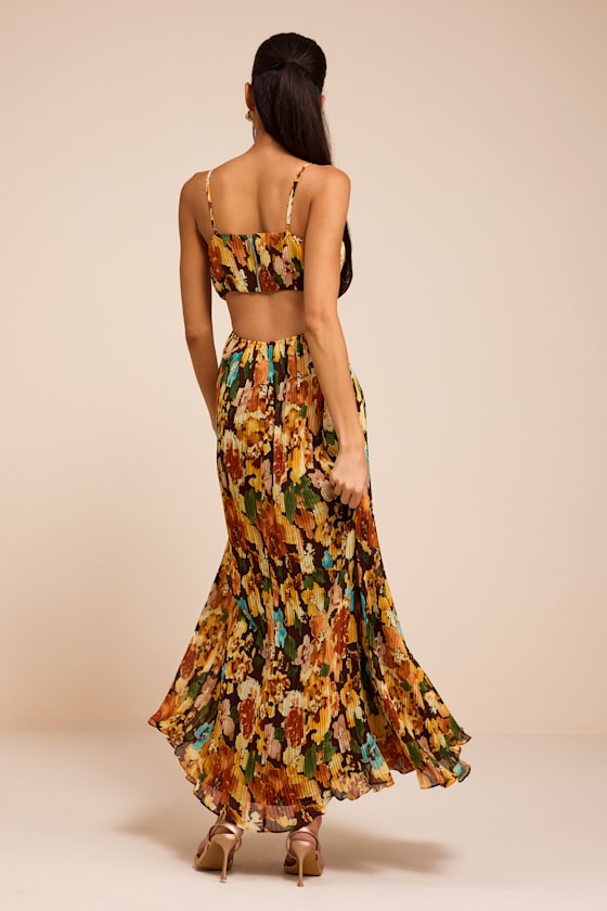 Holloway Brown Multi Floral Pleated Maxi Dress