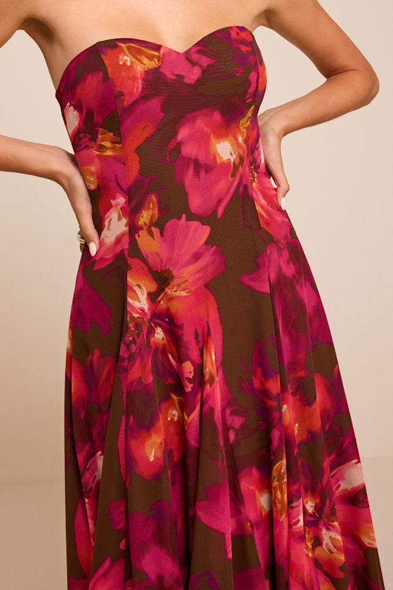 Madoria Brown Multi Floral Strapless Midi Dress