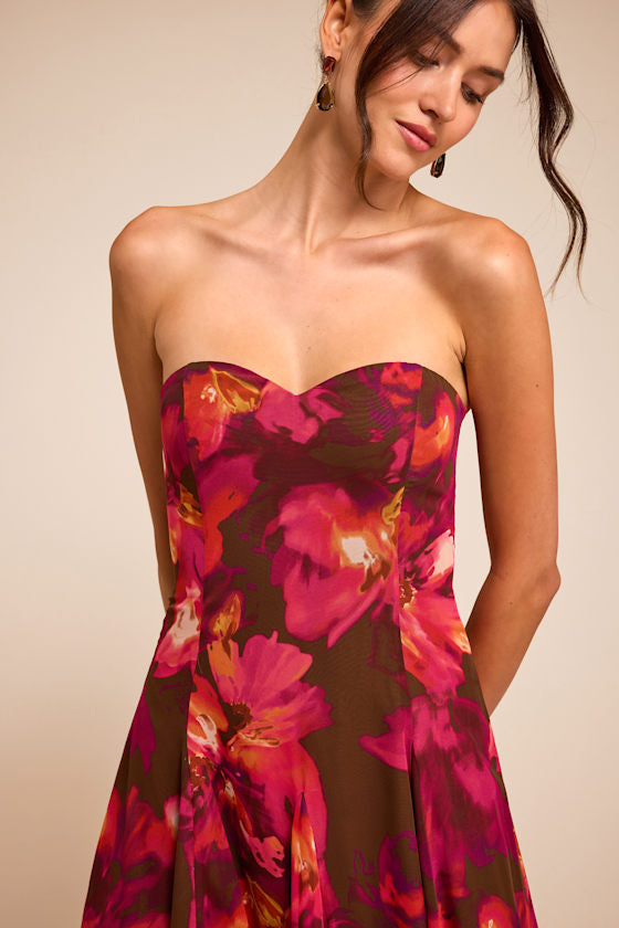 Madoria Brown Multi Floral Strapless Midi Dress