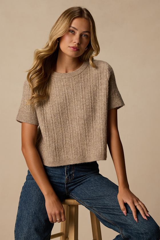 Whitman Taupe Cable Knit Short Sleeve Sweater