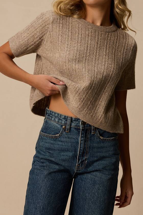 Whitman Taupe Cable Knit Short Sleeve Sweater