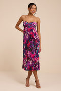Whimsical Beauty Purple Multi Satin Plisse Strapless Midi Dress