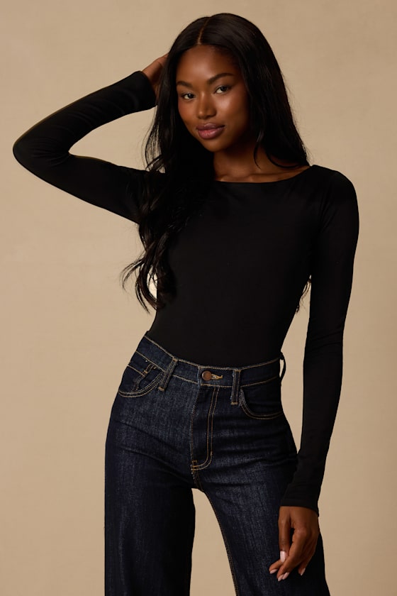 Lusa Black Jersey Knit Lace-Up Bodysuit