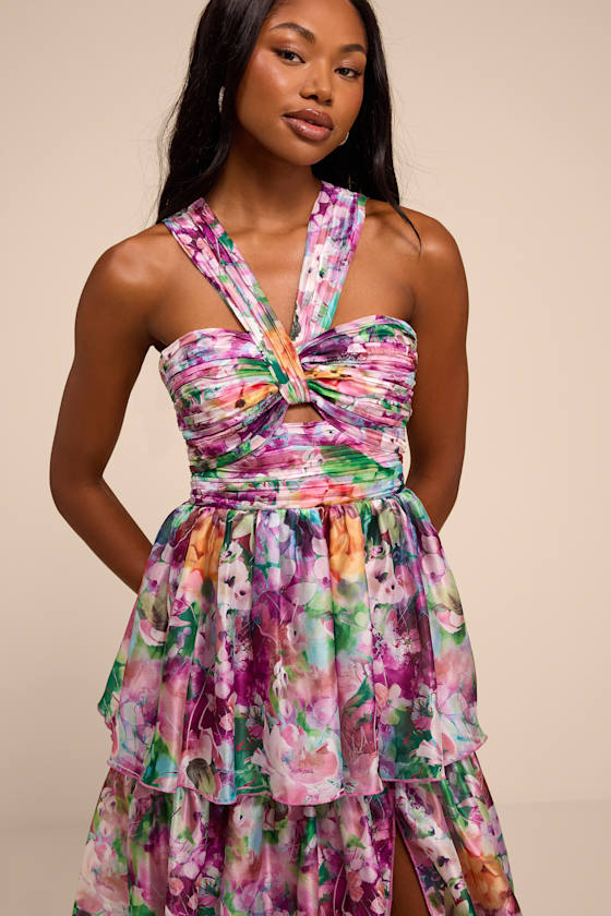 Dayanara Purple Multi Floral Organza Tiered Midi Dress