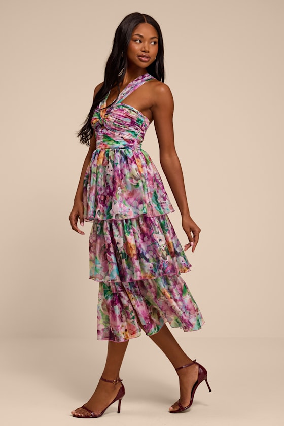 Dayanara Purple Multi Floral Organza Tiered Midi Dress
