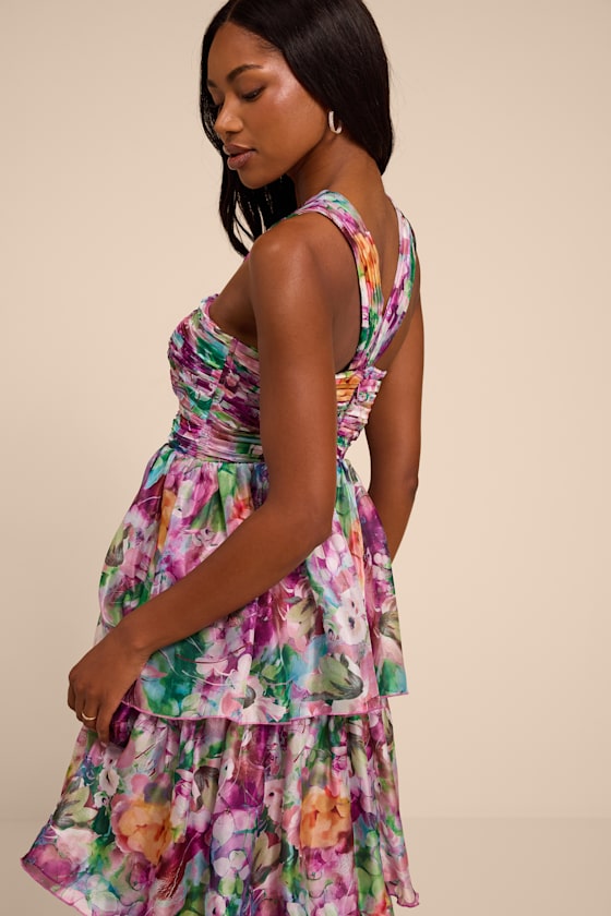 Dayanara Purple Multi Floral Organza Tiered Midi Dress