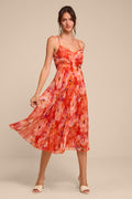 Whitley Orange Floral Pleated Sleeveless Midi Dress