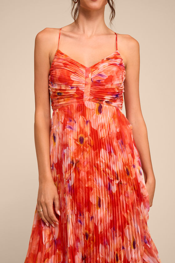 Whitley Orange Floral Pleated Sleeveless Midi Dress