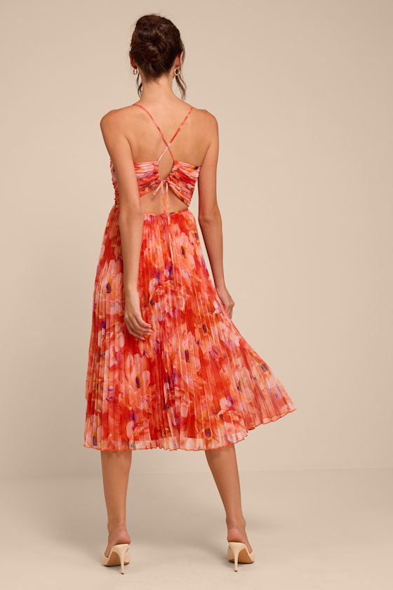 Whitley Orange Floral Pleated Sleeveless Midi Dress