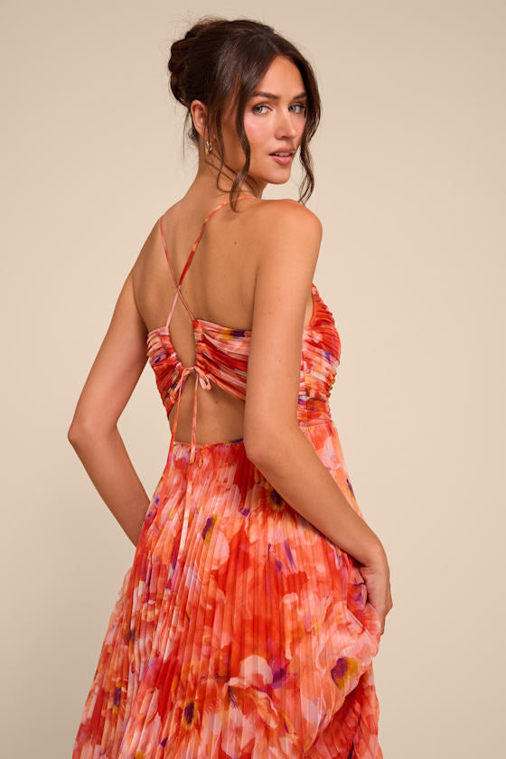 Whitley Orange Floral Pleated Sleeveless Midi Dress