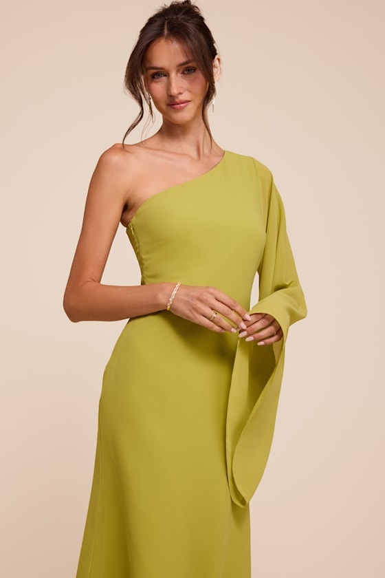 Elizabeth Chartreuse One-Shoulder Bell Sleeve Midi Dress