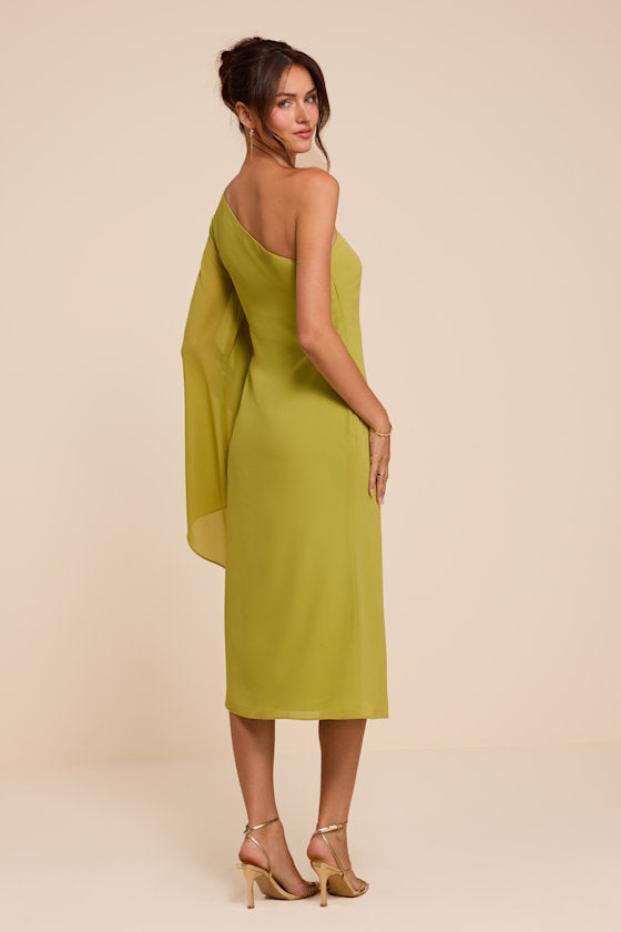 Elizabeth Chartreuse One-Shoulder Bell Sleeve Midi Dress