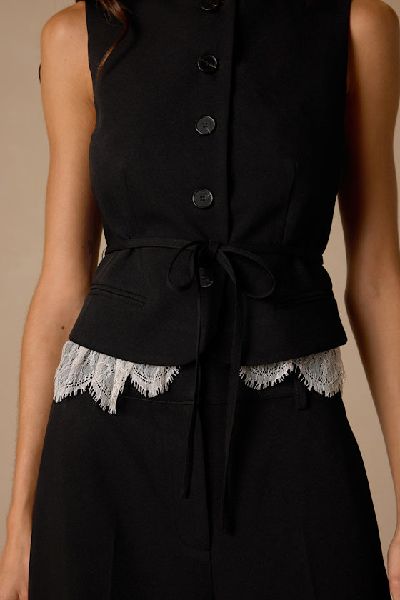 Vesper Black Button-Front Lace Vest Top