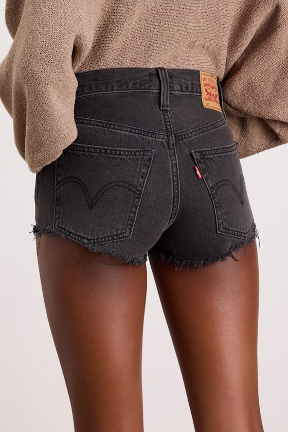 501 Micro Black Distressed High-Rise Denim Shorts