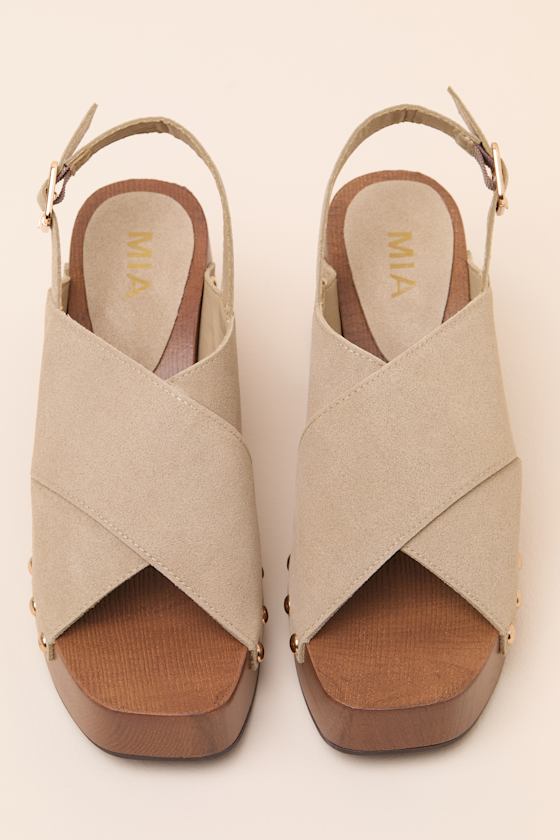 Eudora Sand Suede Wooden Platform Slingback Sandals