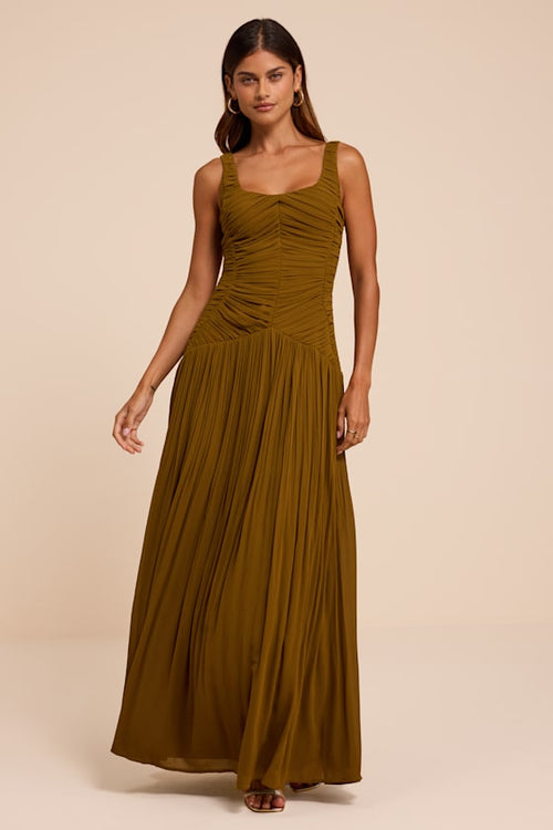Rhonda Olive Pleated Drop Waist Maxi Dress