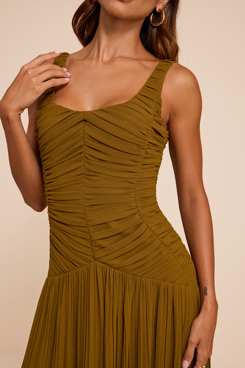 Rhonda Olive Pleated Drop Waist Maxi Dress