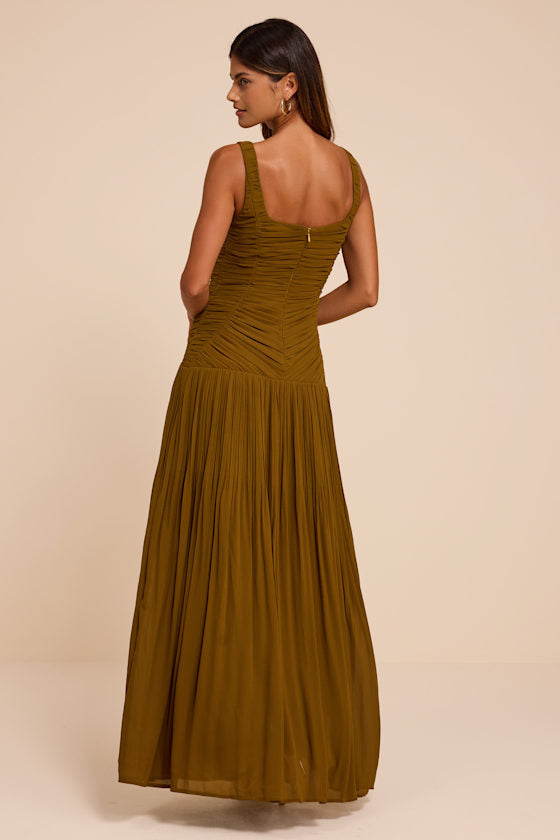 Rhonda Olive Pleated Drop Waist Maxi Dress