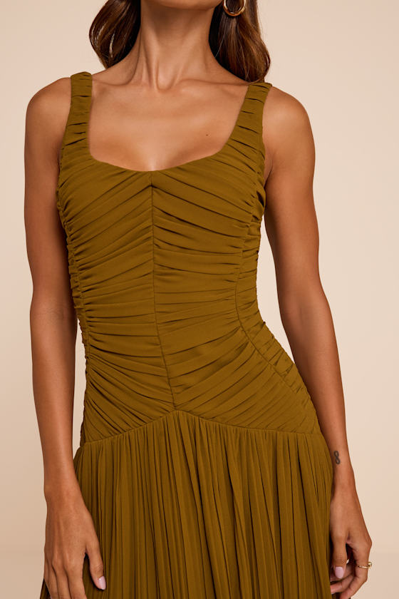 Rhonda Olive Pleated Drop Waist Maxi Dress
