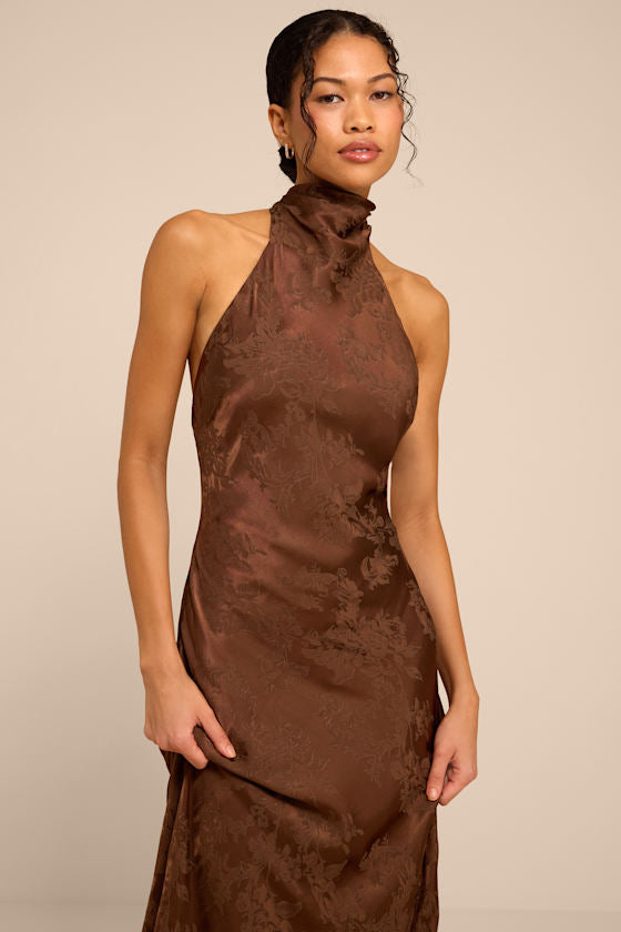 Winslow Brown Satin Jacquard Mermaid Maxi Dress