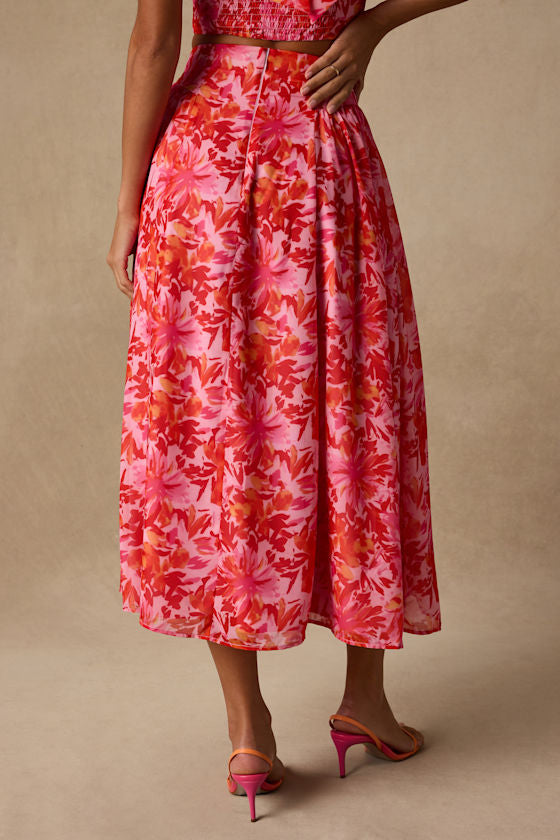 Nashira Pink Multi Floral High-Rise Midi Skirt
