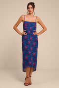 Avi Blue Floral Print Pleated Sleeveless Midi Dress