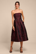 Laurelin Burgundy Floral Jacquard Strapless Midi Dress