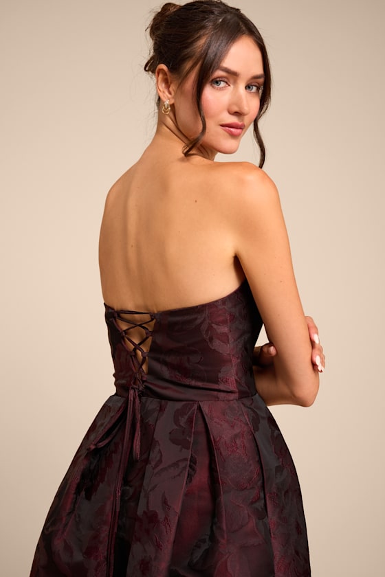 Laurelin Burgundy Floral Jacquard Strapless Midi Dress