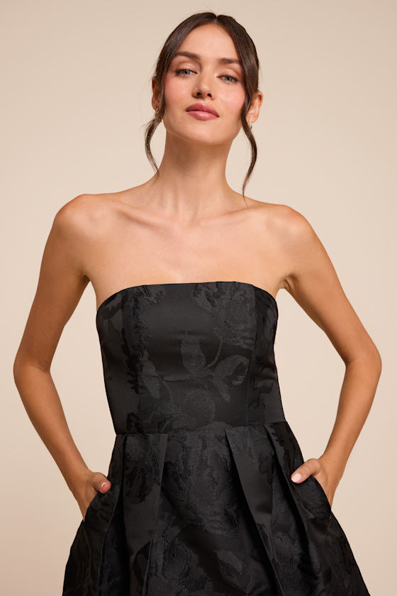 Laurelin Black Floral Jacquard Strapless Midi Dress
