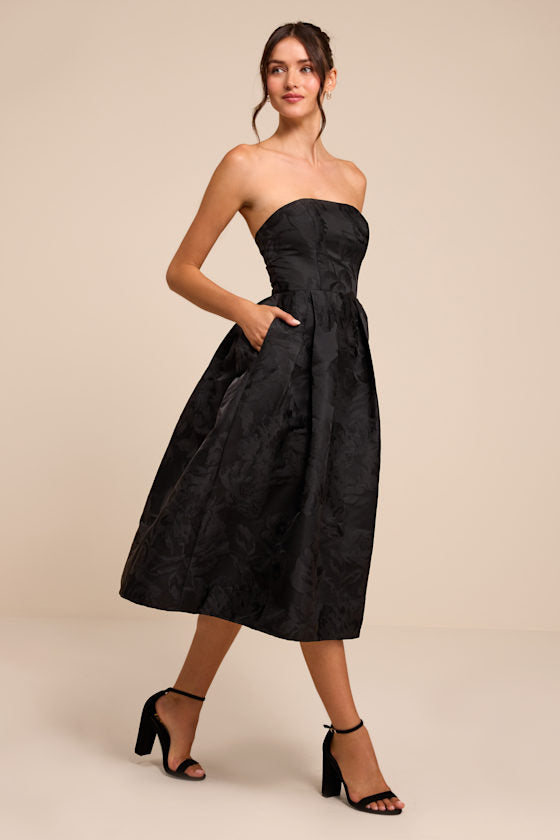 Laurelin Black Floral Jacquard Strapless Midi Dress